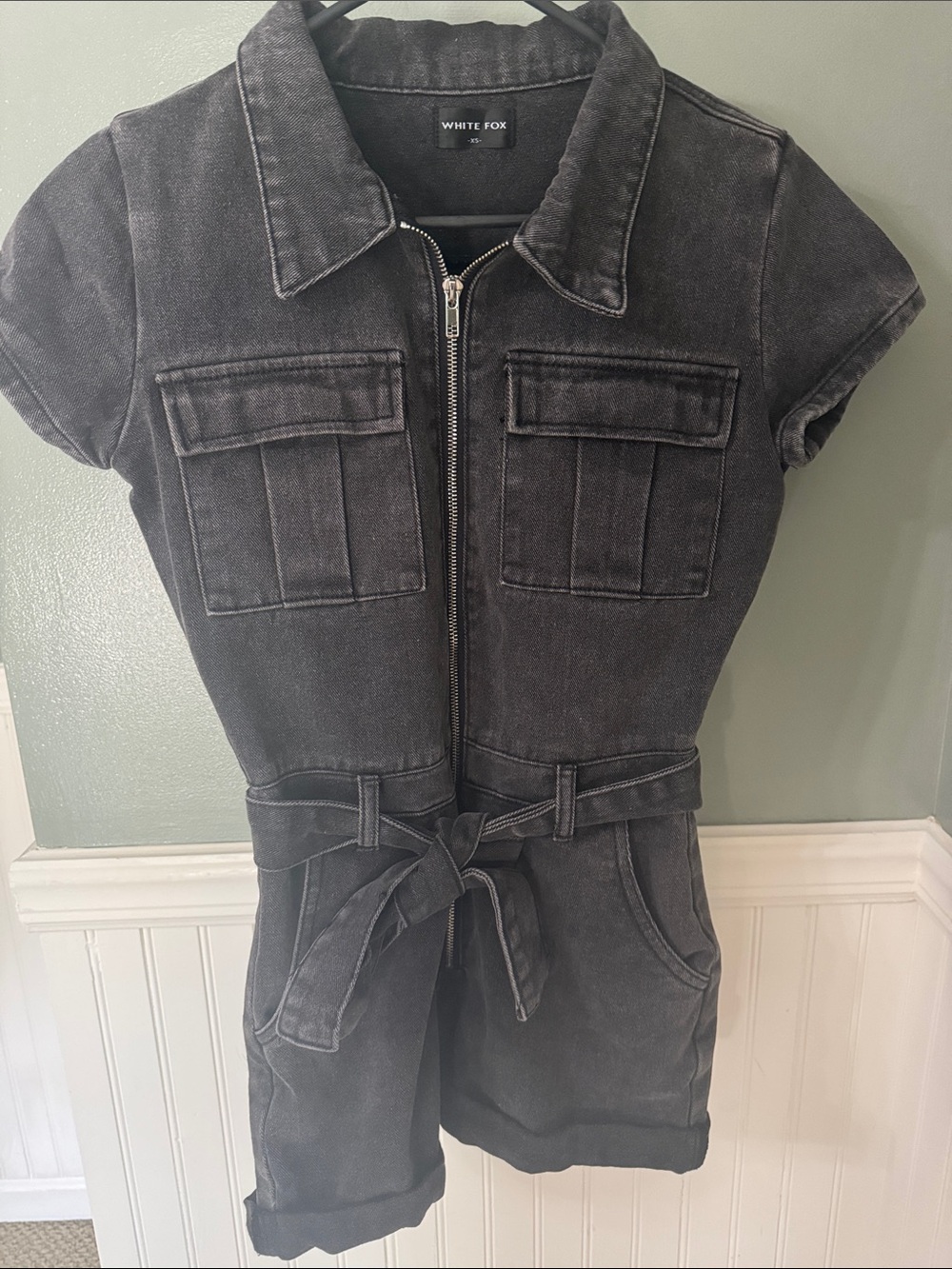 White Fox Boutique Washed Black Utility Short Jumpsuit